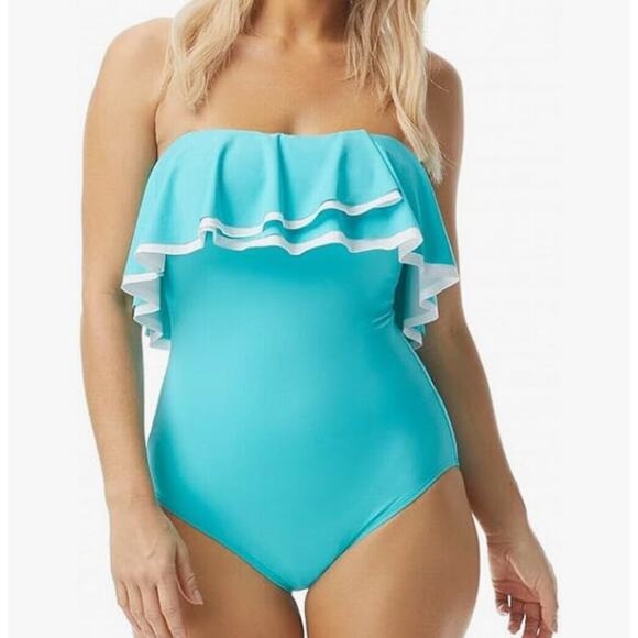 Contours by Coco Reef Womens Ruffle Strapless One Piece Swimsuit Blue 10 34C NWT - Picture 1 of 3